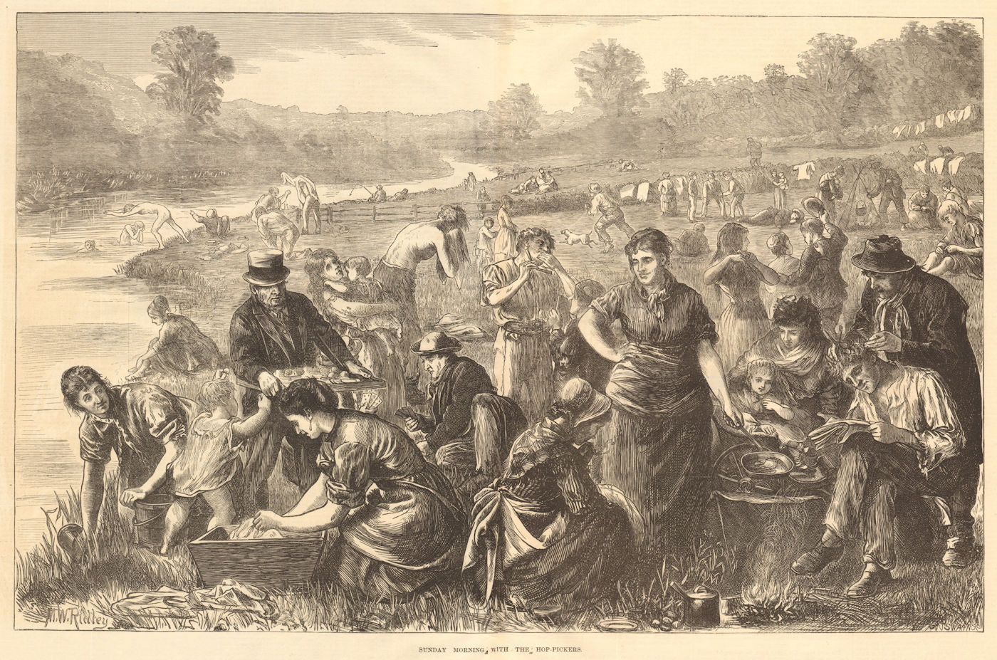 Sunday morning with the hop-pickers. Farming 1871 old antique print picture